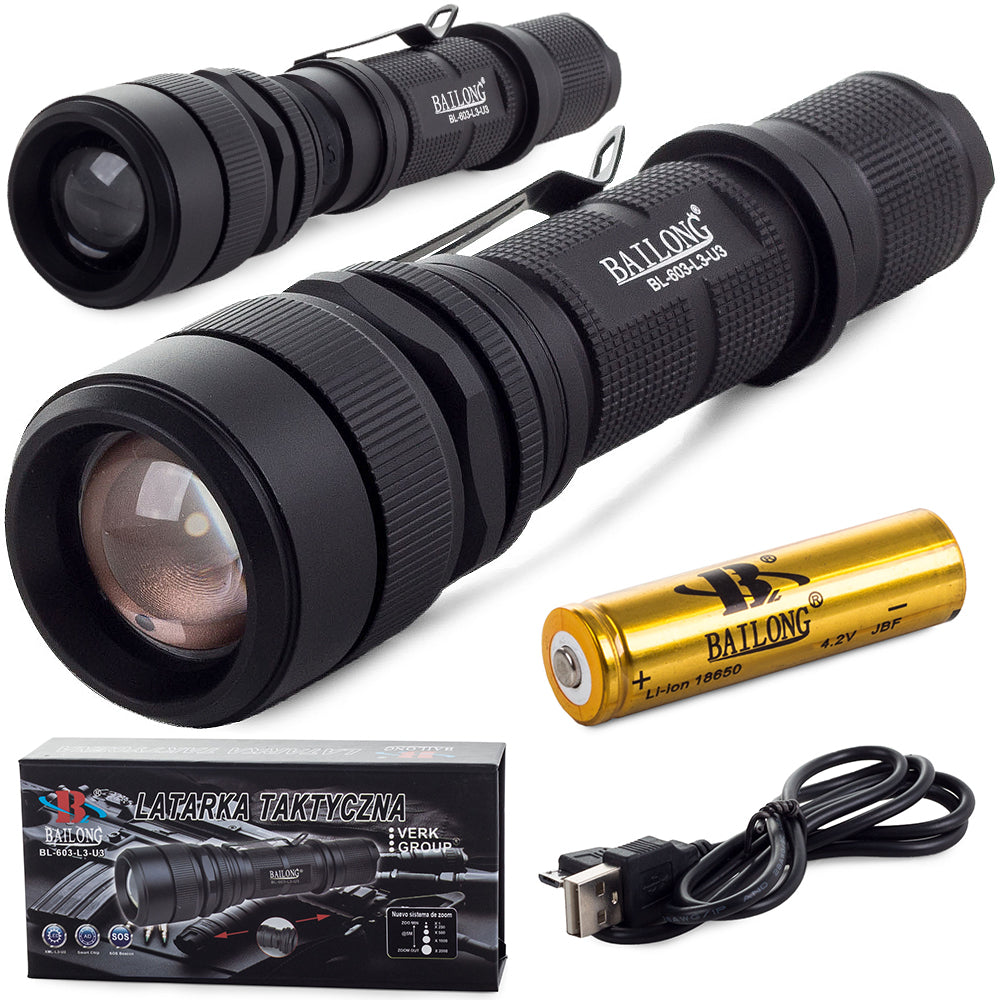 bailong cree rechargeable flashlight light Bailong 603-L3 Tactical led rechargeable usb flashlight – kick-ass.eu